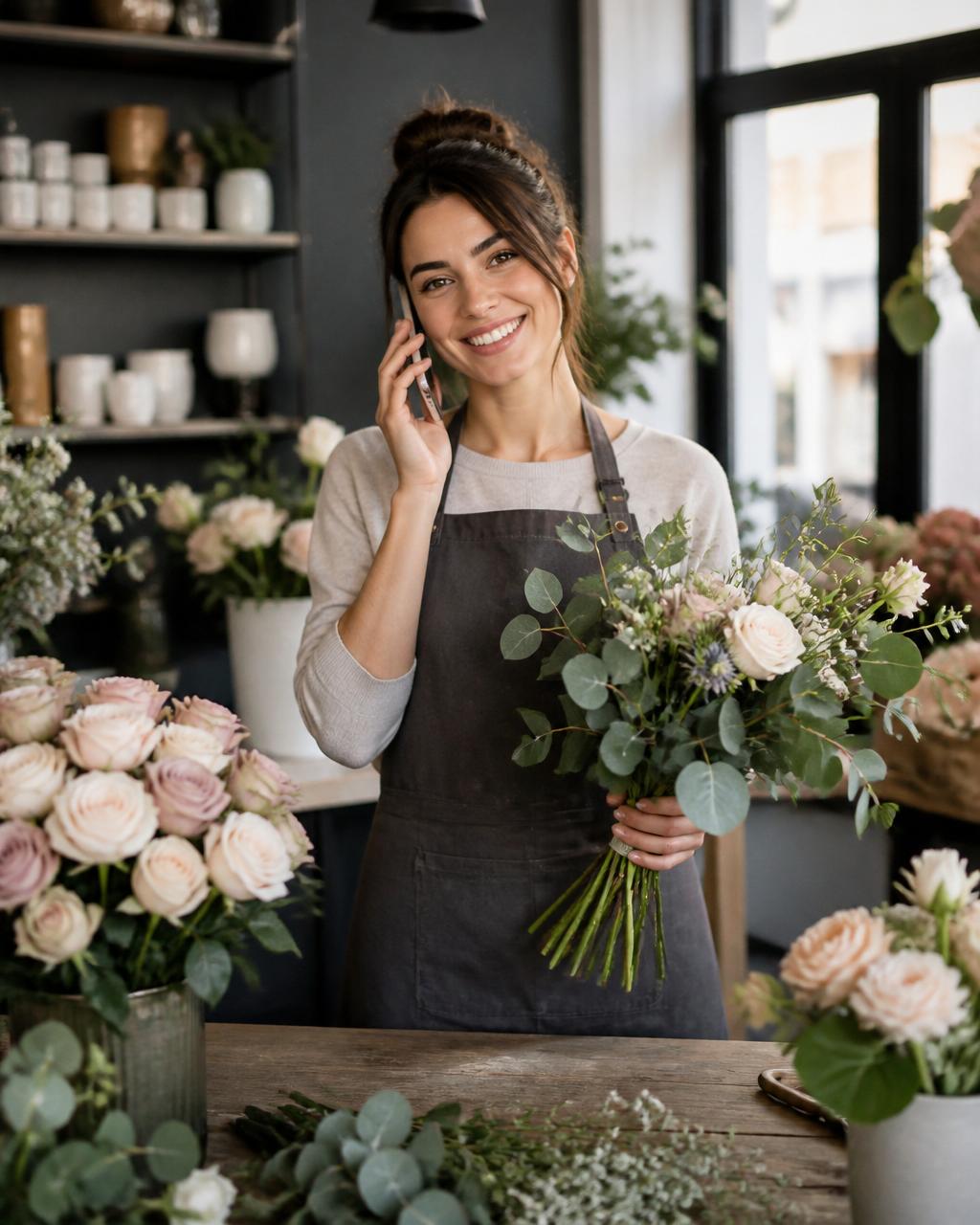 Florista sorrindo em sua floricultura, segurando um buquê de rosas